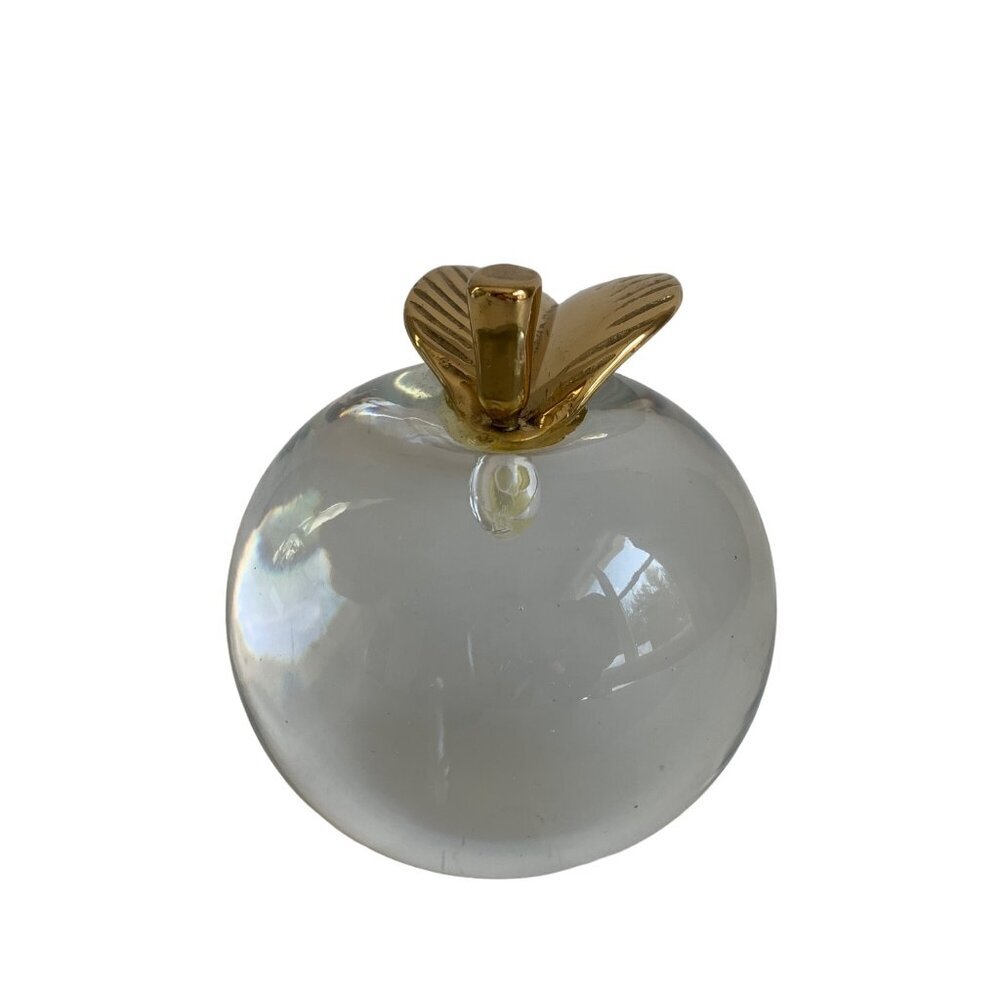 Vintage Clear Glass Apple Brass Leaf Stem Paperweight Large - Picture 4 of 7